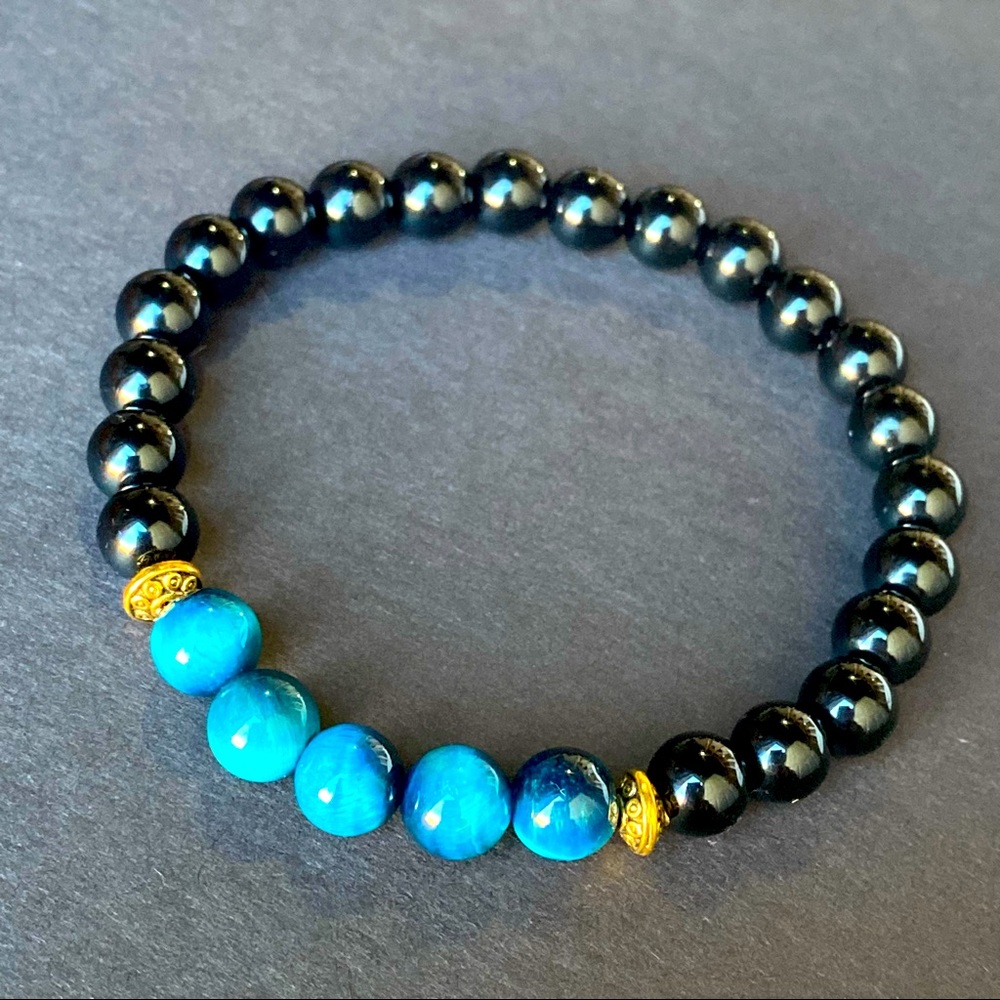 HP❤️ blue Tiger eye & black tourmaline Natural Beaded Stretchy Bracelet